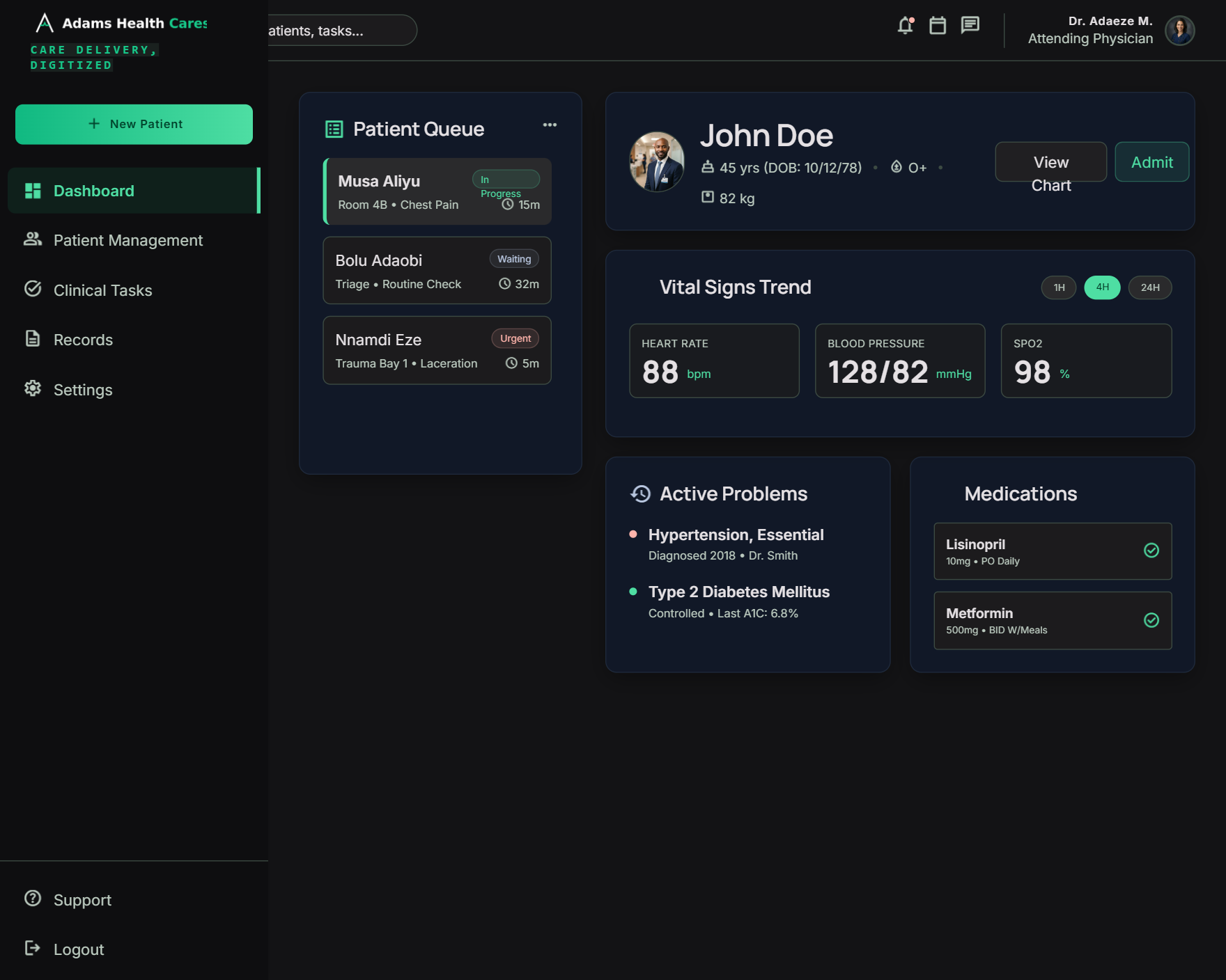 Adams EMR dashboard and patient queue interface